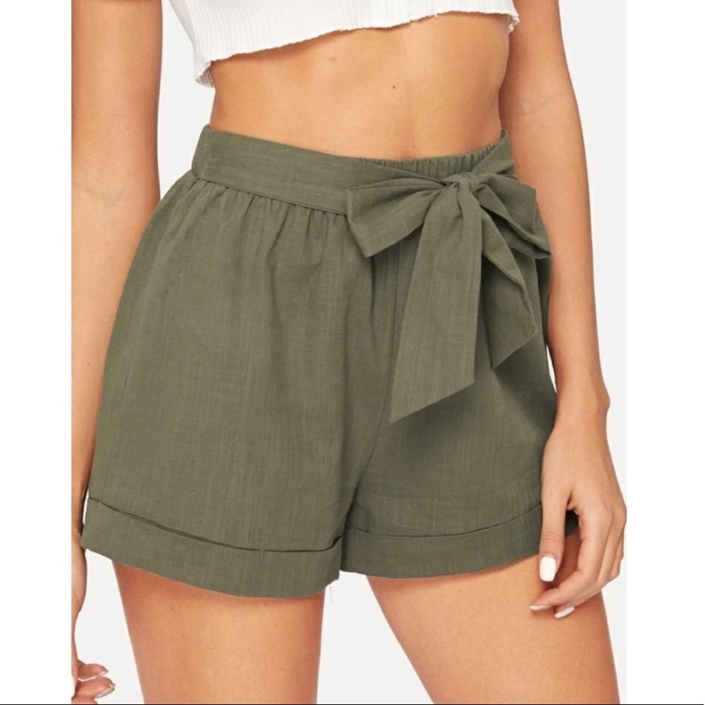 Olive Green Self Tie Shorts